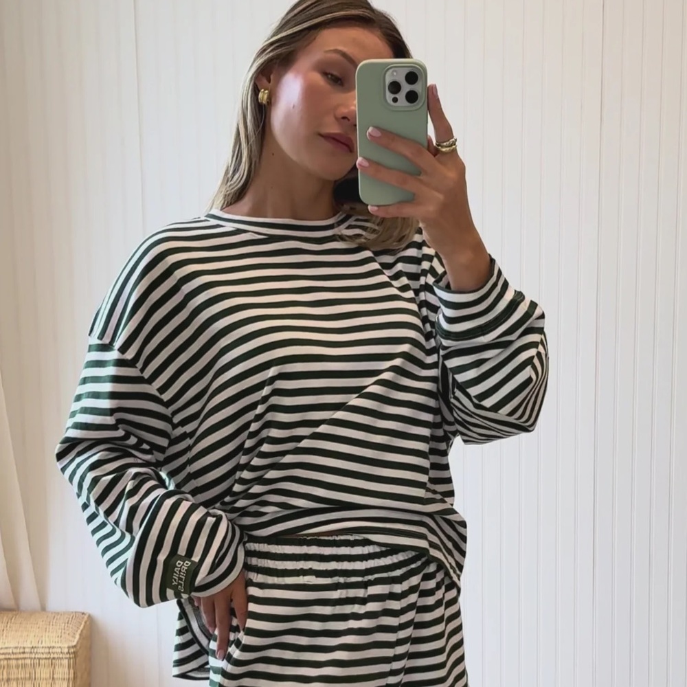 Daily Drills striped cotton long sleeve, forest green and white strip sz M/L